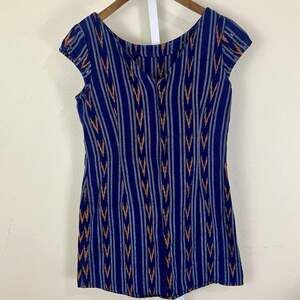 Mata Traders Woven Mini Dress Womens S Blue Orange Ikat Stripe Cap Sleeve